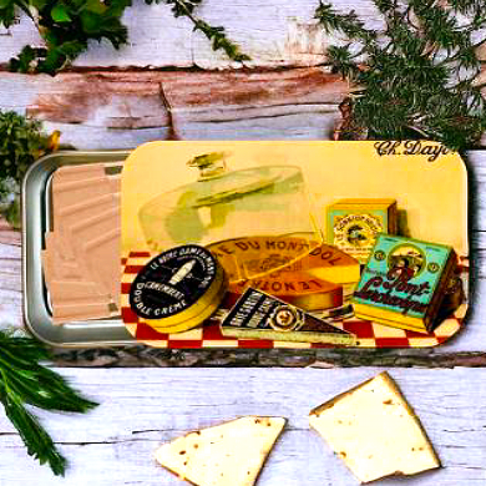  Vintage Cheese Board-  The Gilded Home Vintage-Inspired Slider Tin with Cheese Flags